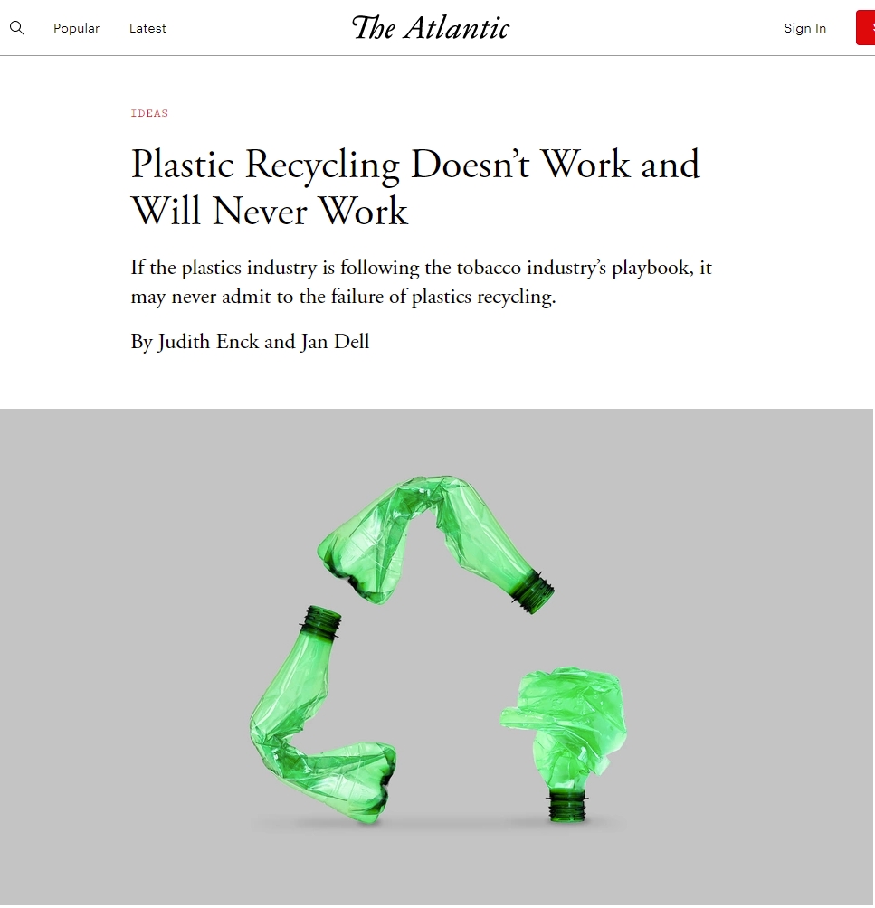 picture of the article entiteled "Plastic recycling Doesn't Work and Will Never Work". The picture links to the article.