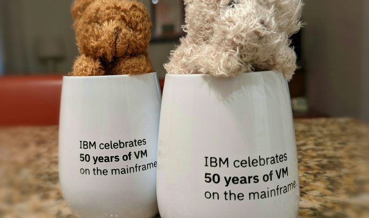 small soft teddy bears in cups with VM 50th Anniversary workshop printed on them