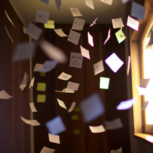 lots of post it notes in the air inside a room