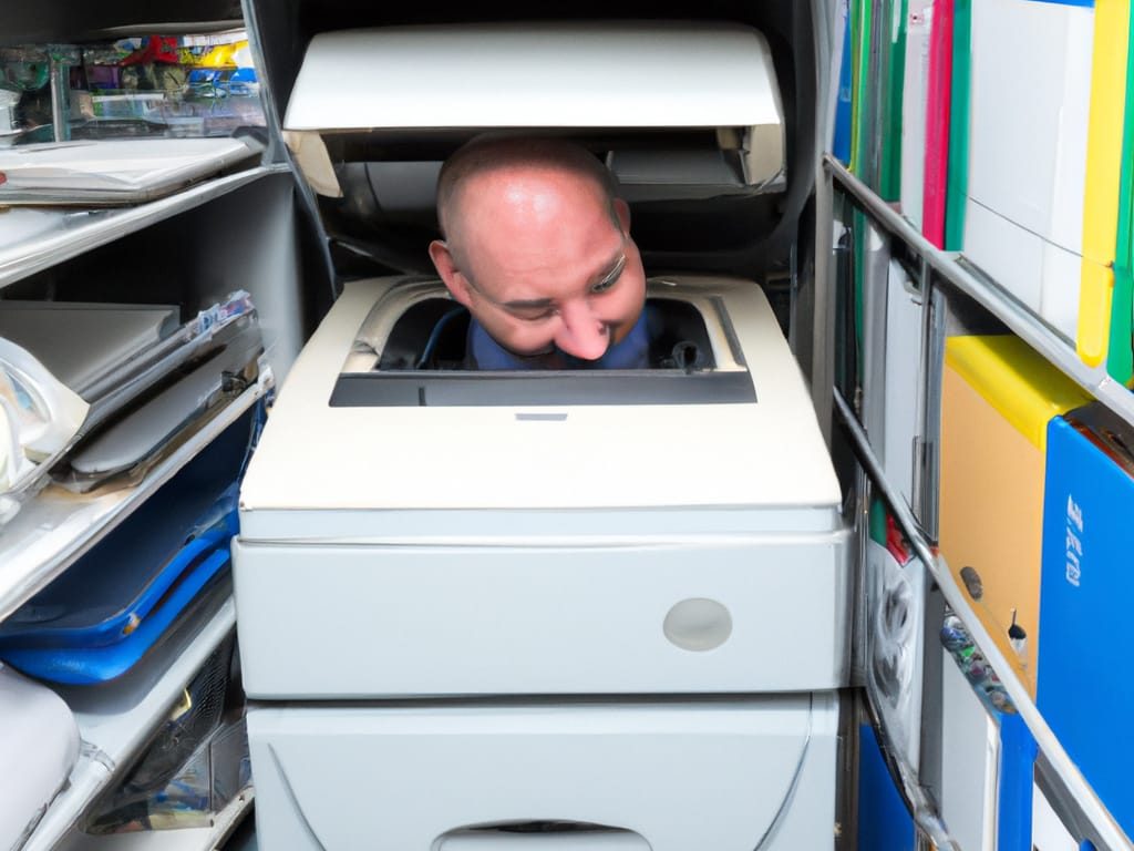 an AI image of a man with his head in a photocopier. Fascial recognition joke