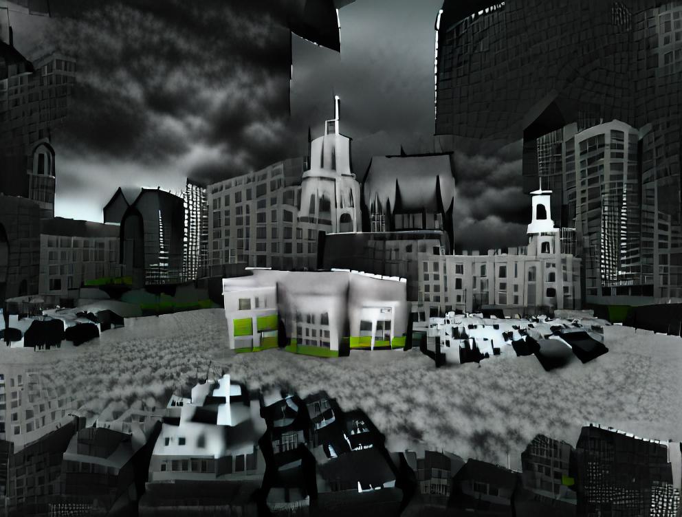 dark monochrome picture created by AI of large buildings with a smaller building in front