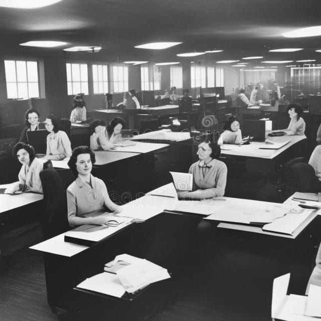 Nightcafe AI image generated to show women working in a 1960's office