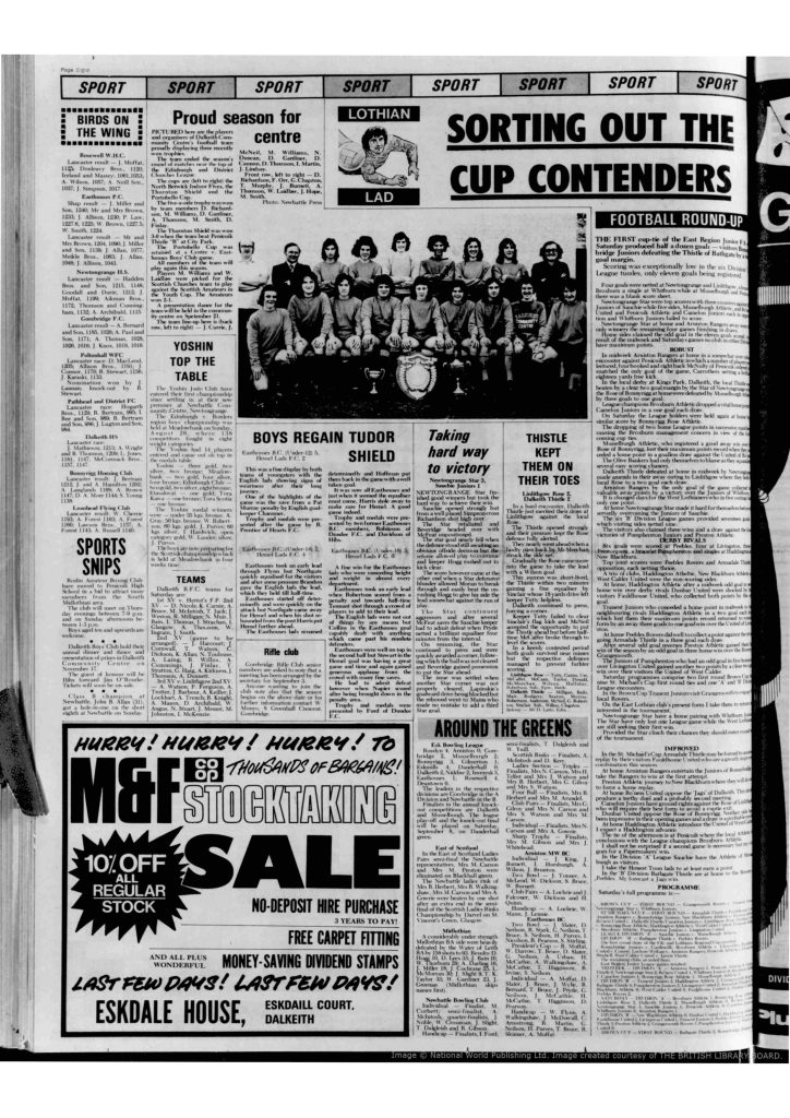 press report titled "Boys Regain Tudor Shield: description of the three matches, two won by Easthouses Boys Club over Hemel Lads meant the Tudor Shield was returned to Scotland.